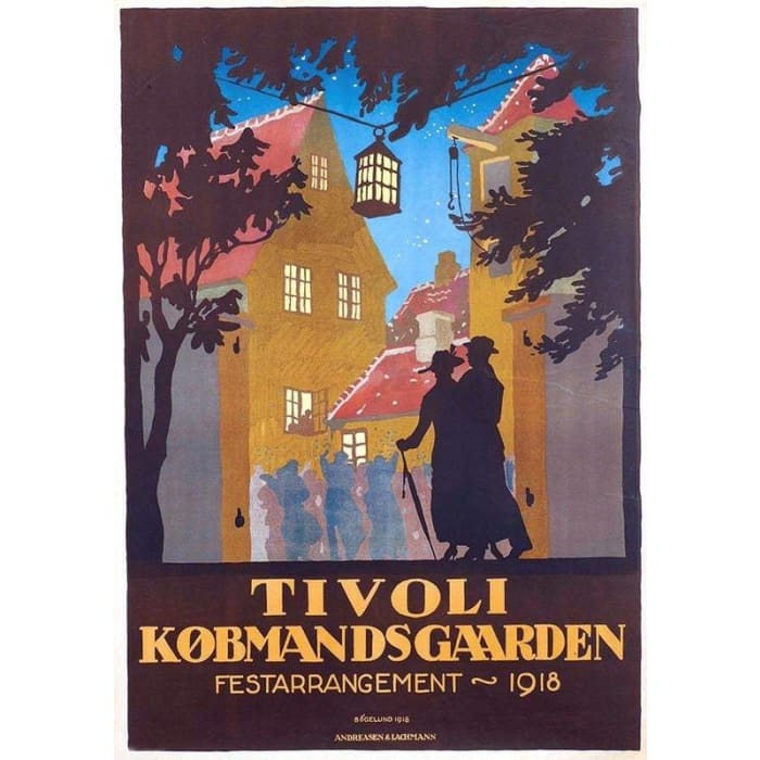 Vintage 1918 Tivoli Gardens Copenhagen Tourism Poster Print 