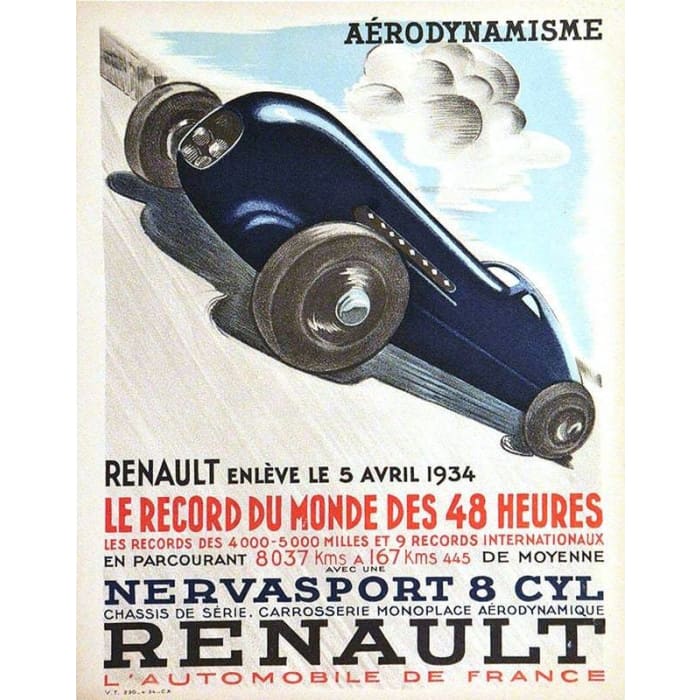 Vintage 1934 Renault World Distance Record Motoring Poster 
