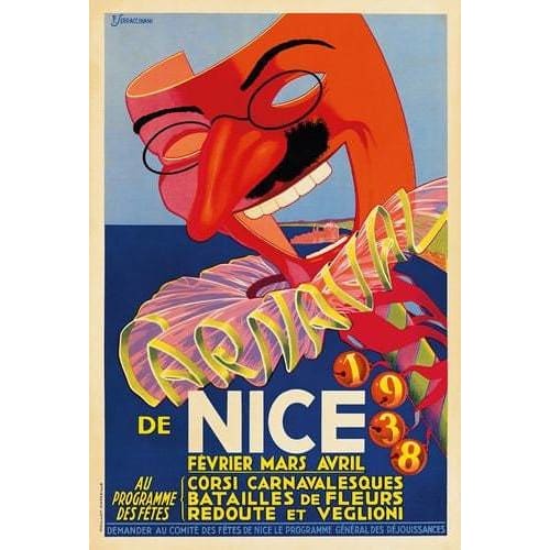 Vintage 1938 Nice Carnival French Tourism Poster A3 Print - 