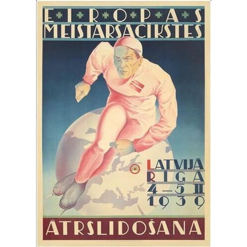 Vintage 1939 Riga Latvia Speed Skating Competition Poster A3