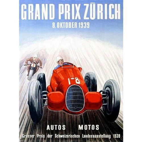 Vintage 1939 Zurich Grand Prix Motor Racing Poster A3 Print 
