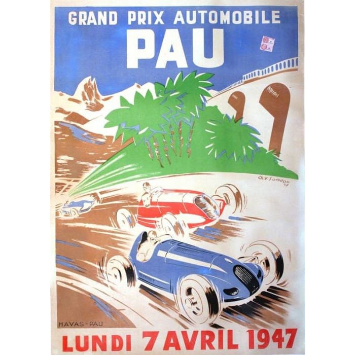 Vintage 1947 Pau France Grand Prix Motor Racing Poster Print