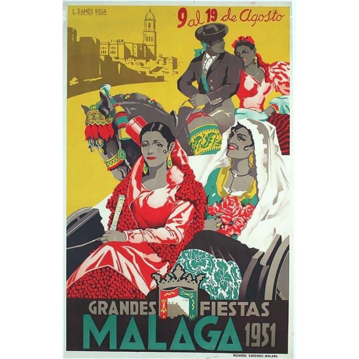 Vintage 1951 Malaga Spain Fiesta Tourism Poster Print A3/A4 