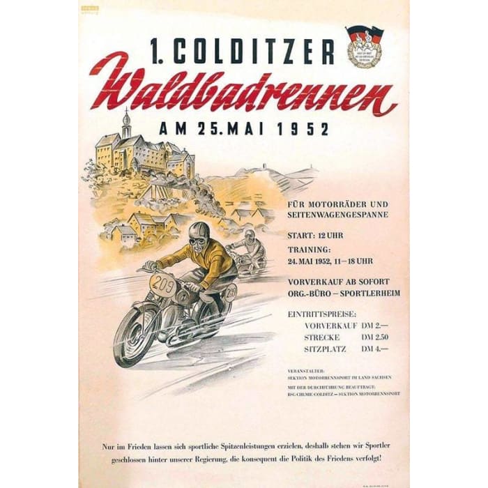 Vintage 1952 Colditz German Motor Cycle Racing Poster Print 