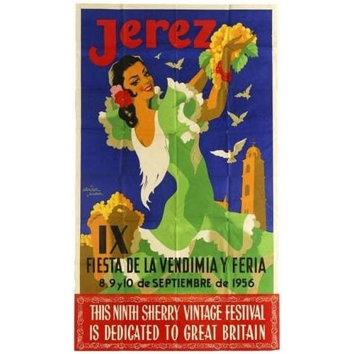 Vintage 1956 Jerez Spain Sherry Festival Tourism Poster 