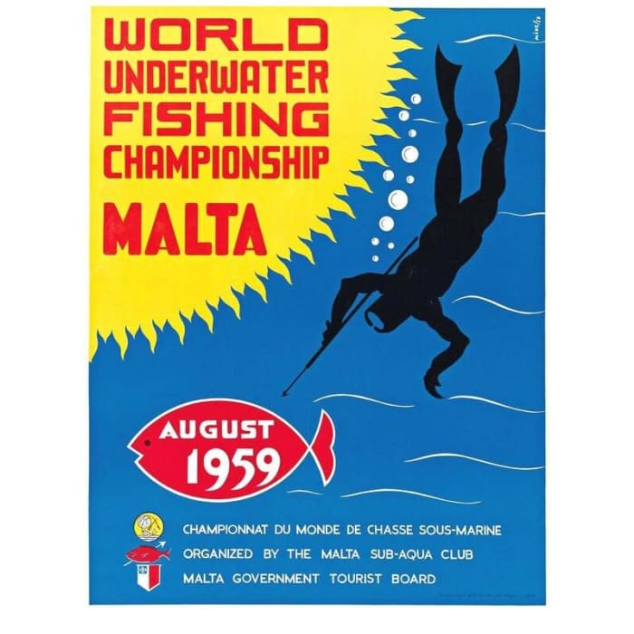 Vintage 1959 Malta Underwater Fishing Competition Poster 
