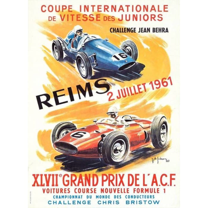 Vintage 1961 Reims France Grand Prix Motor Racing Poster 