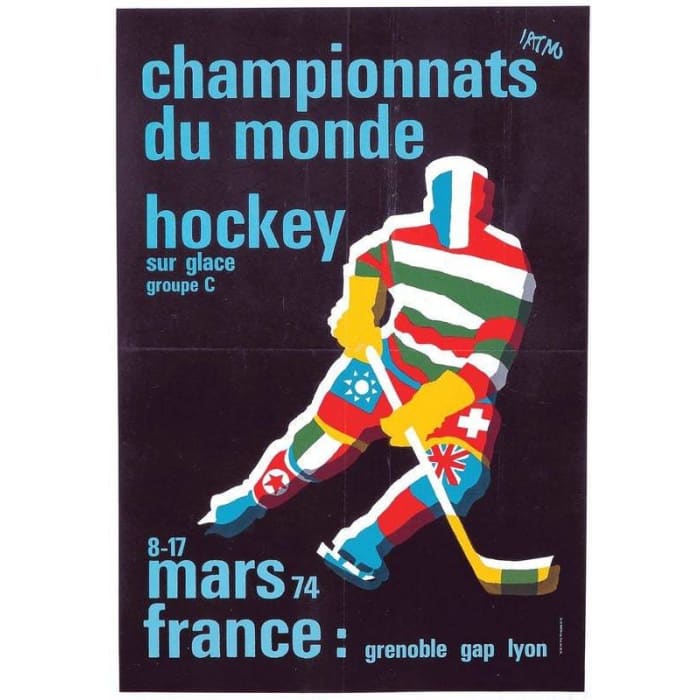 Vintage 1974 World Ice Hockey Tournament France Poster Print