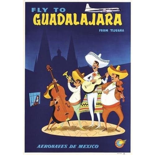 Vintage Aero Mexico Flights to Guadalajara Poster A3 Print -