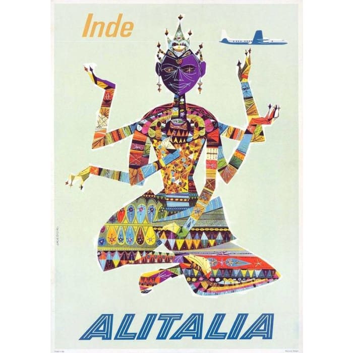 Vintage Alitalia Flights To India Airline Poster Print A3/A4