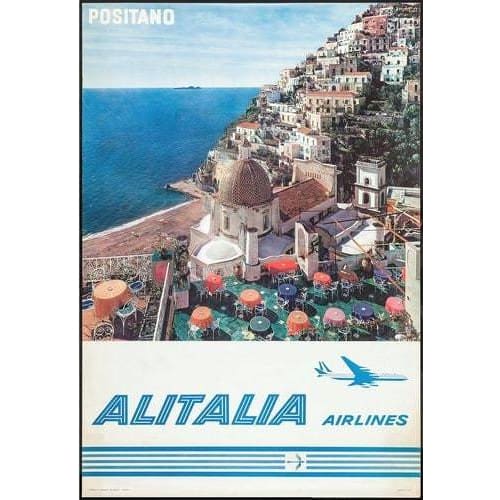 Vintage Alitalia Flights To Positano Airline Poster A3/A4 