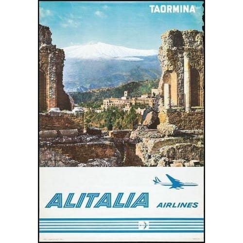Vintage Alitalia Flights To Taormina Airline Poster A3/A4 