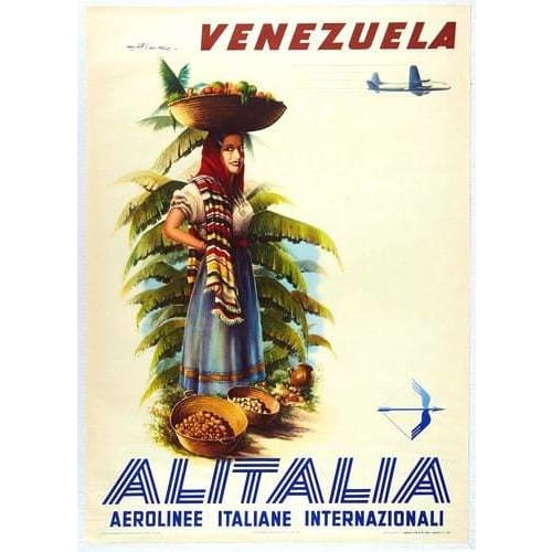 Vintage Alitalia Flights To Venezuela Airline Poster A3/A4 