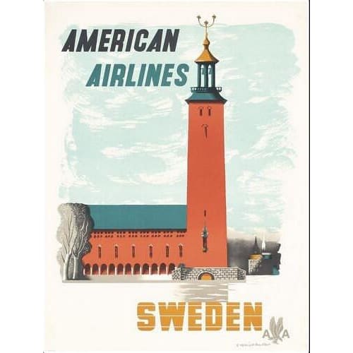 Vintage American Airlines Flights to Sweden Poster Print A3 