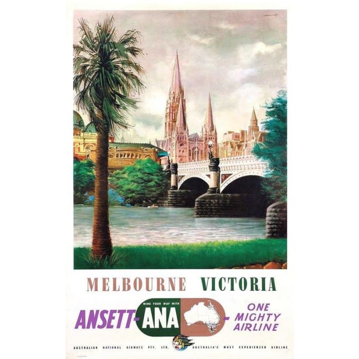 Vintage Ansett Flights To Melbourne Airline Poster Print 