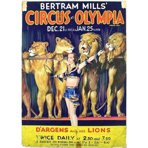 Vintage Bertram Mills Dargens and Her Lions Circus Poster 
