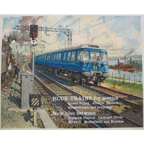 Vintage British Rail Glasgow Blue Trains Railway Poster A3 