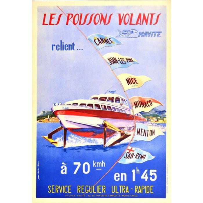 Vintage Cannes to San Remo Ferry Tourism Poster Print A3/A4 