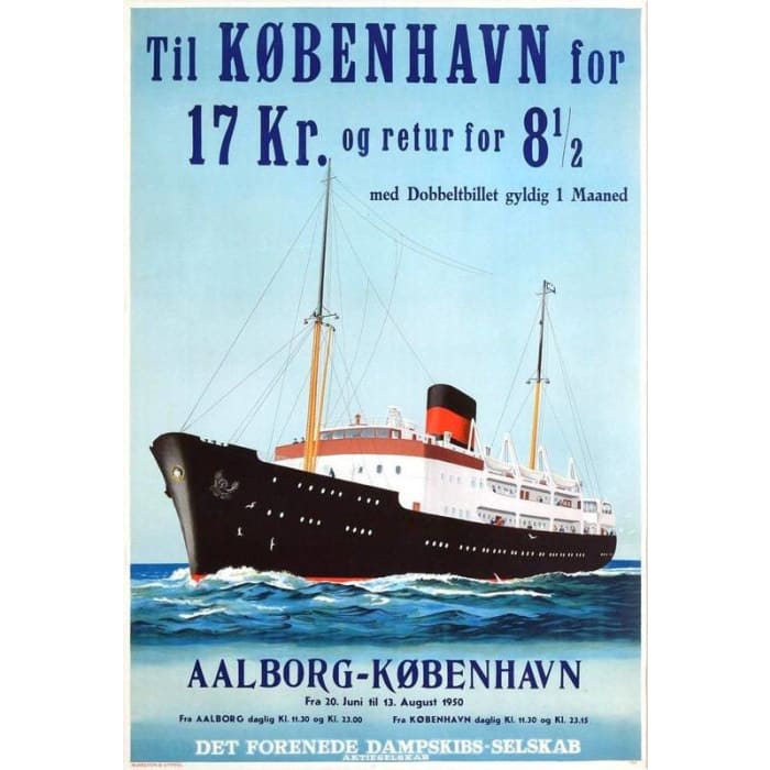Vintage Copenhagen Aalborg Ferry Tourism Poster Print A3/A4 