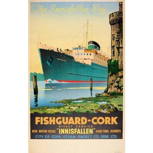 Vintage Fishgurad to Cork Irish Sea Ferry UK Tourism Poster 