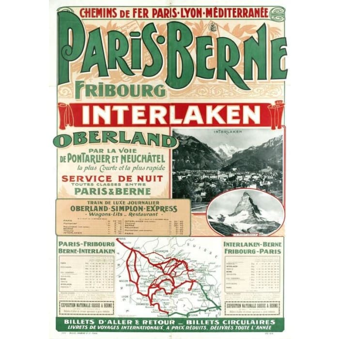 Vintage French Railways Paris To Berne Tourism Poster Print 
