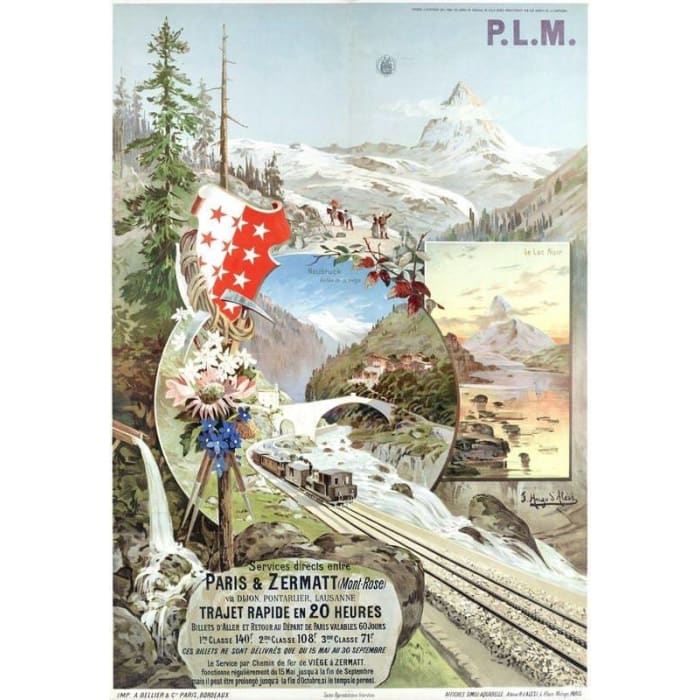 Vintage French Railways Paris to Zermatt Tourism Poster 