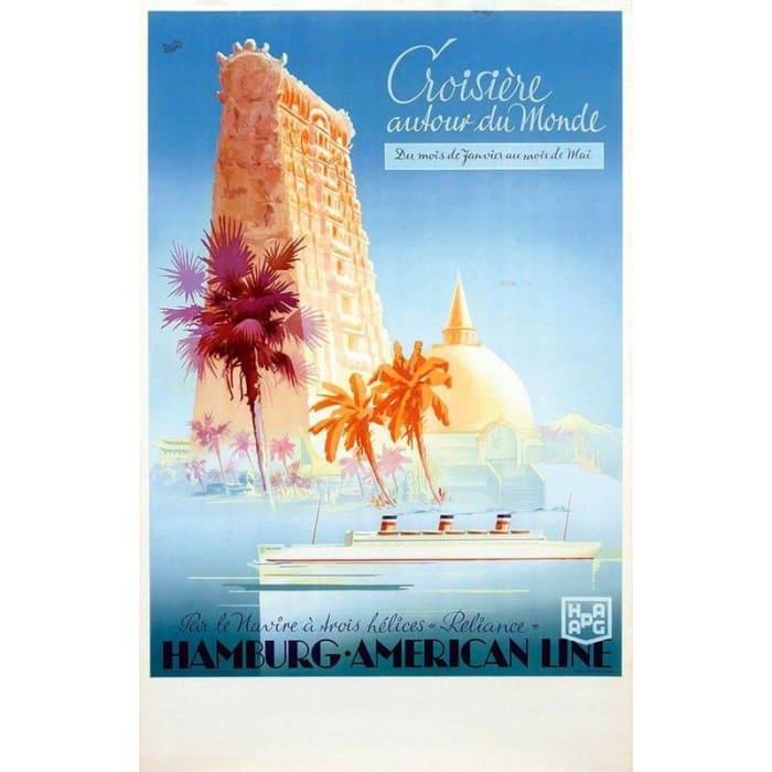 Vintage Hamburg America Line World Cruise Tourism Poster 