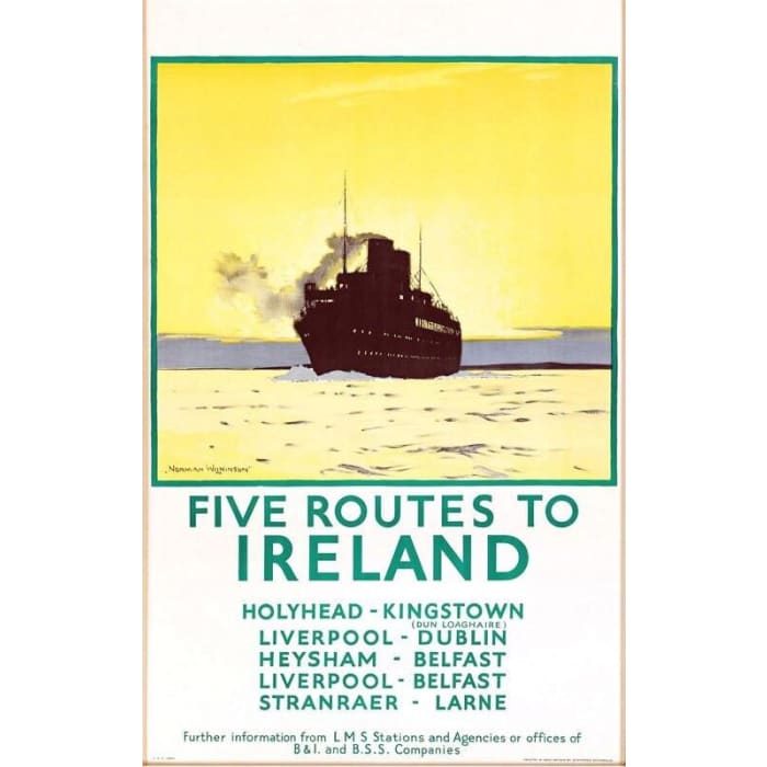 Vintage LMS Five Routes To Ireland Railway Poster Print 