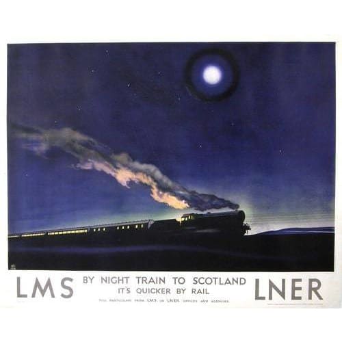 Vintage LMS LNER Night Train to Scotland Railway Poster 