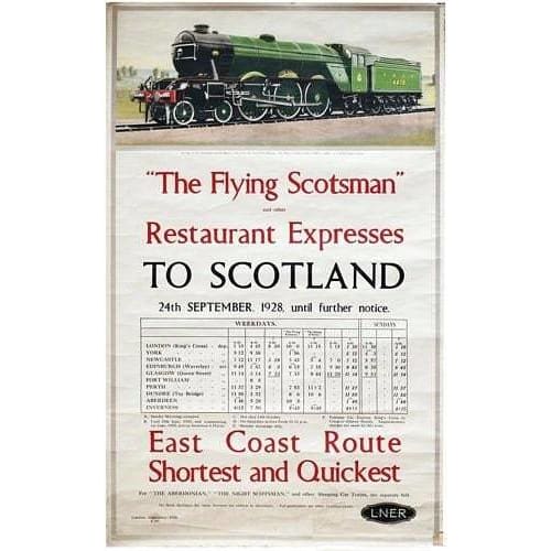 Vintage LNER 1928 Flying Scotsman Timetable Railway Poster 