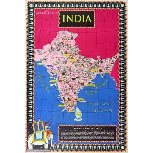 Vintage Map of India During The British Empire Tourism 