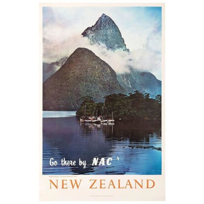 Vintage NAC Airways Milford Sound New Zealand Airline Poster