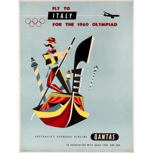 Vintage Qantas Flights to Italy 1960 Olympics Poster A3 