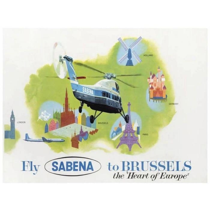 Vintage Sabena Helicopters To Brussels Airline Poster Print 