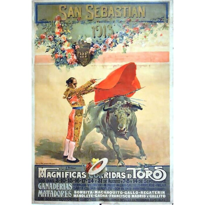 Vintage San Sebastian Spain Bull Fighting Tourism Poster 