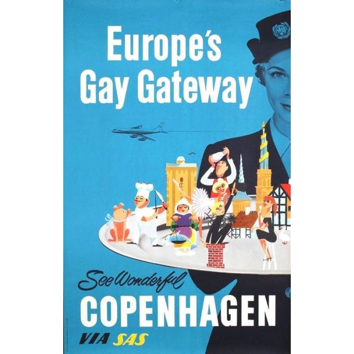 Vintage SAS Flights to Copenhagen Airline Poster Print A3/A4