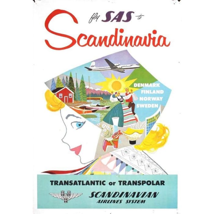 Vintage SAS Flights to Scandinavia Airline Poster Print 