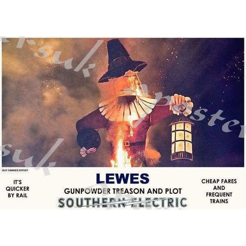 Vintage Style Railway Poster Lewes Bonfire Celebrations 