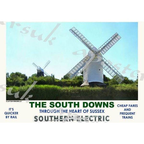 Vintage Style Railway Poster South Downs Clayton Windmills 