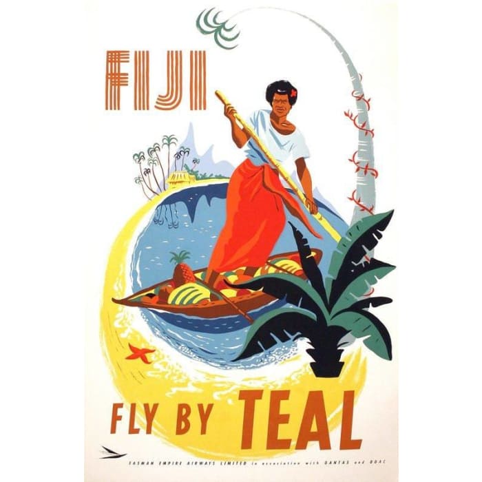 Vintage Teal Airlines Flights to Fiji Airline Poster Print 