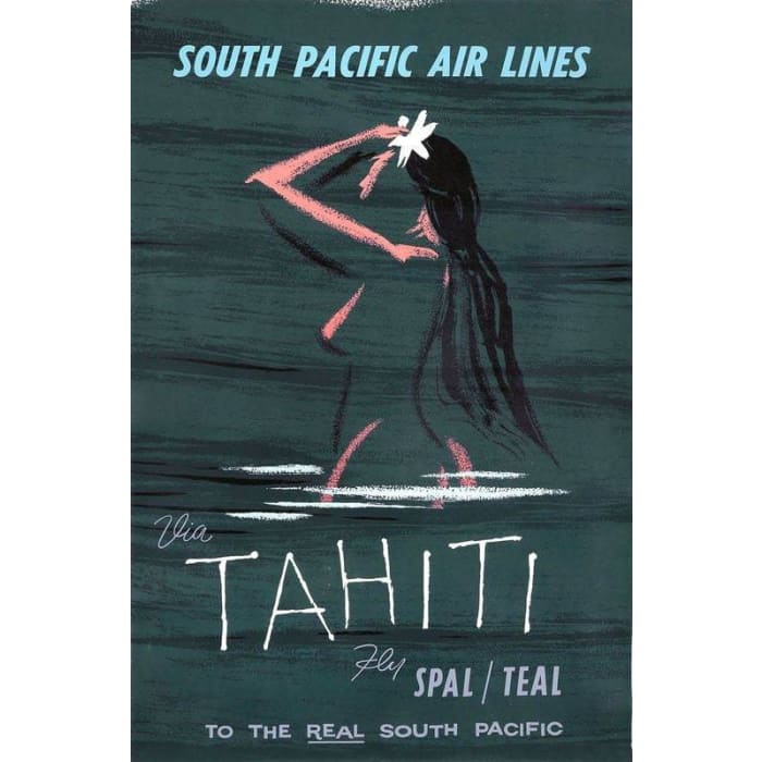 Vintage Teal Airlines Flights To Tahiti Airline Poster Print