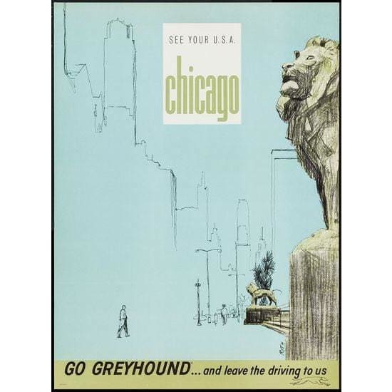 Vintage US Greyhound Coaches Chicago 2 Tourism Poster A3 