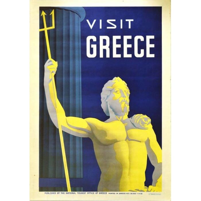 Vintage Visit Greece Poseidon Tourism Poster Print A3/A4 - 