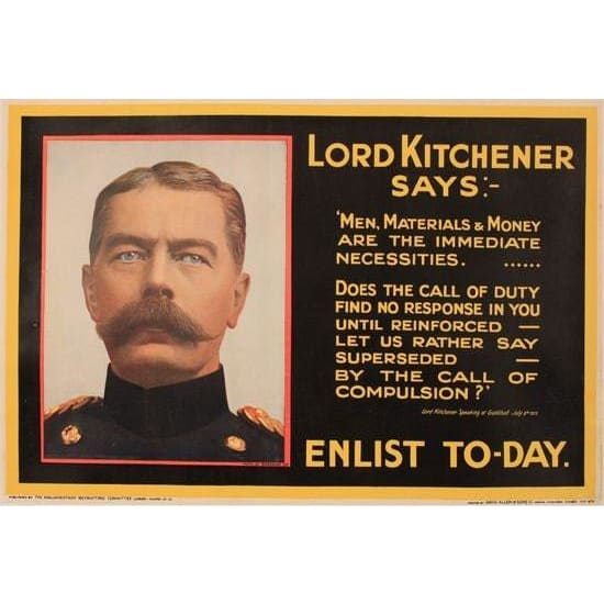 Vintage World War 1 Lord Kitchener Enlist Today Recruitment 